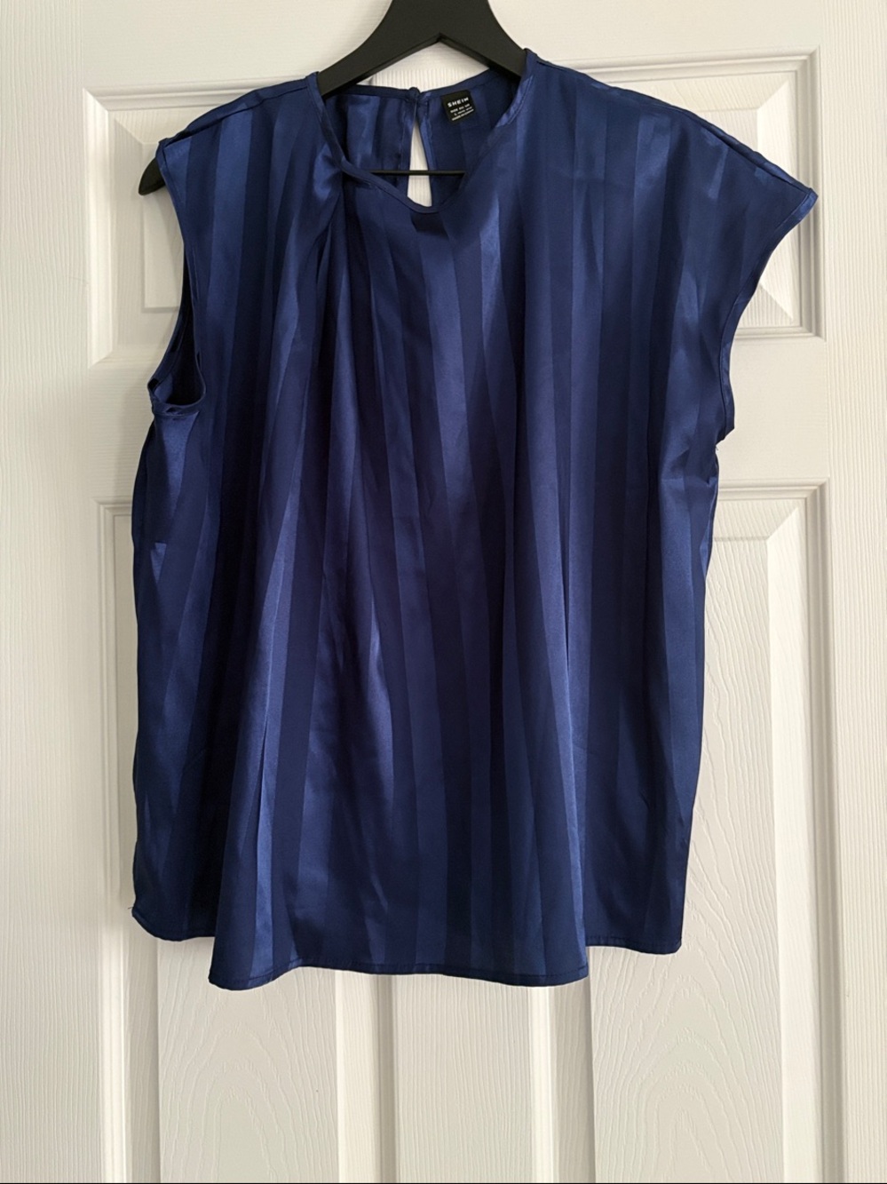 SHEIN Navy Satin-Stripe Cap Sleeve Blouse